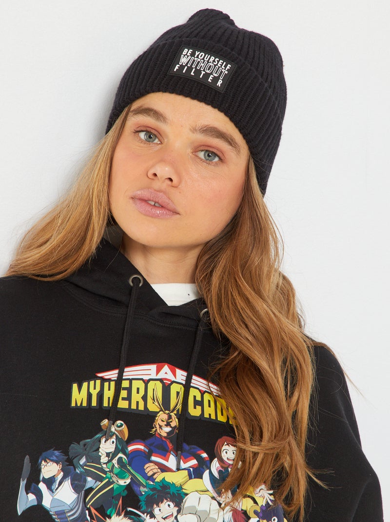 Gorro canelado com estampa inscrição Preto - Kiabi