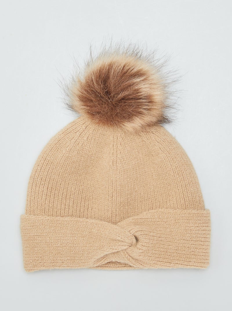 Gorro com pompom com dobra torcida bege - Kiabi
