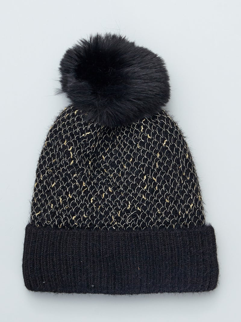 Gorro com pompom e fio brilhante Preto - Kiabi