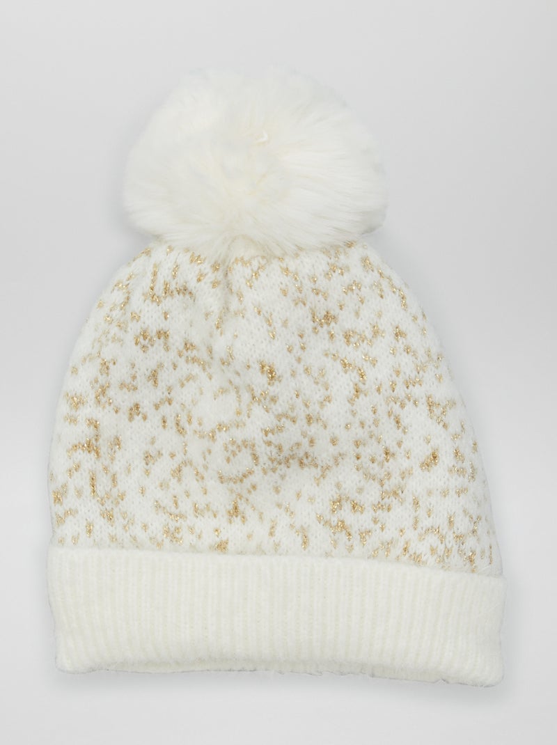 Gorro com pompom + efeito brilhante BRANCO - Kiabi