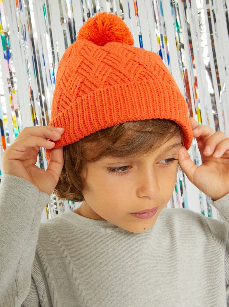 Gorro em malha entrançada com pompom LARANJA - Kiabi