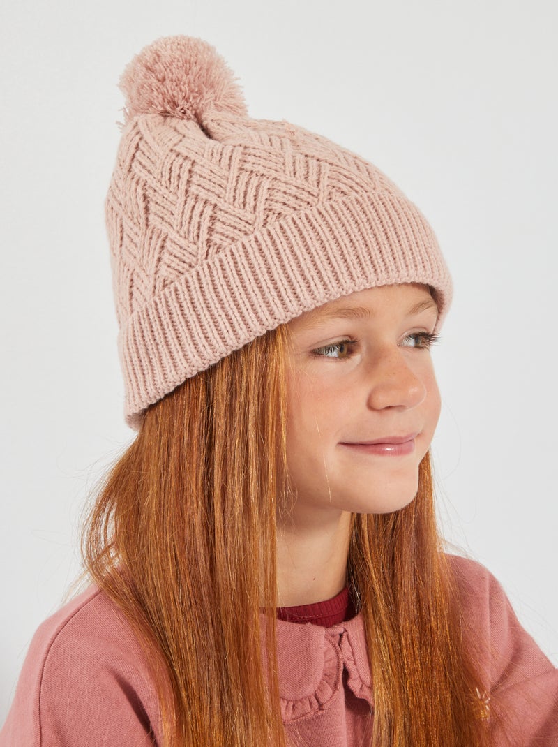 Gorro em malha entrançada com pompom ROSA - Kiabi