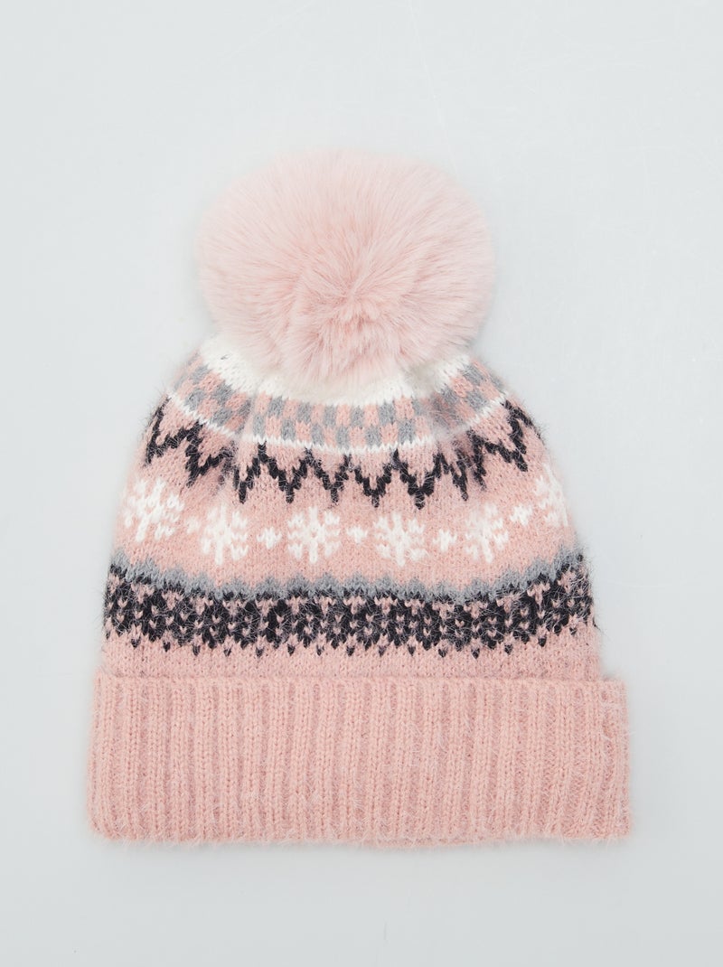 Gorro em malha jacquard com pompom ROSA - Kiabi
