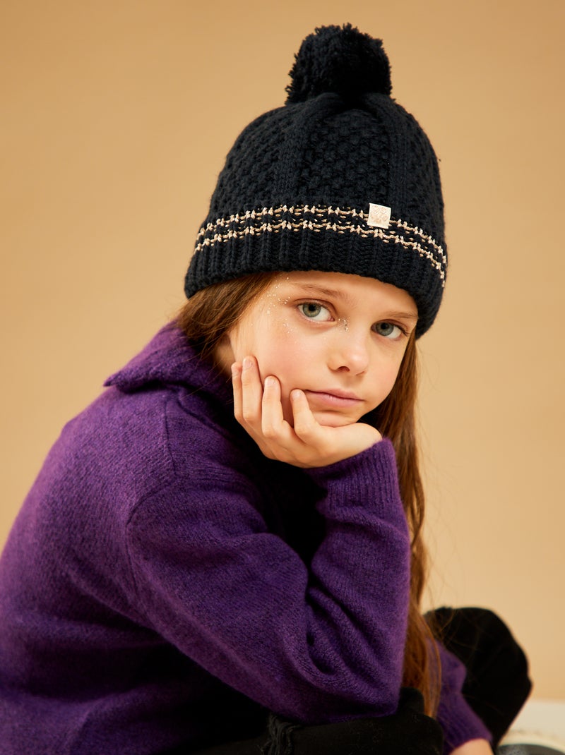 Gorro em malha torcida com pompom Azul Marinho - Kiabi