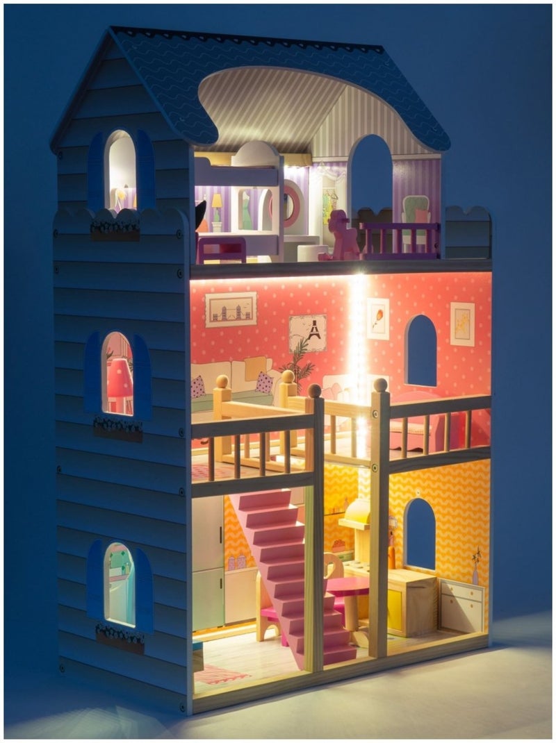 Grande casa de bonecas de madeira com 3 andares, iluminação led e mobiliário N/D - Kiabi