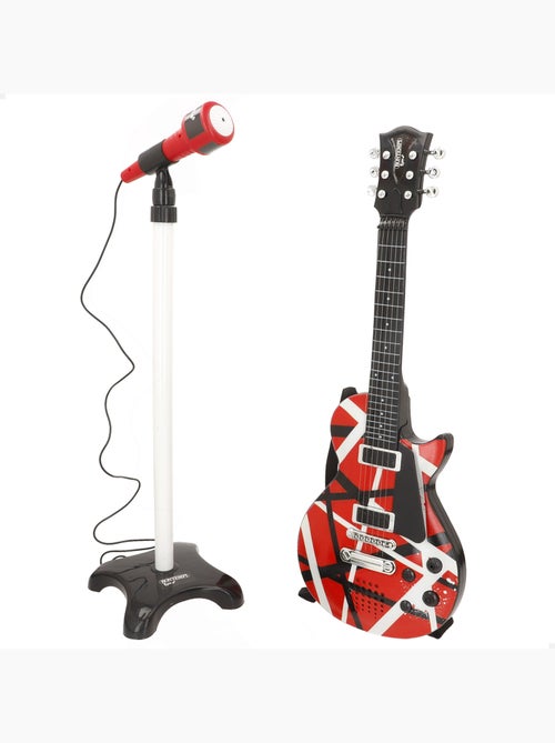 Guitarra elétrica de 56 cm nas cores vermelha, preta e branca, com microfone de pedestal bontempi - Kiabi Guitarra elétrica de 56 cm nas cores vermelha, preta e branca, com microfone de pedestal bontempi - Kiabi