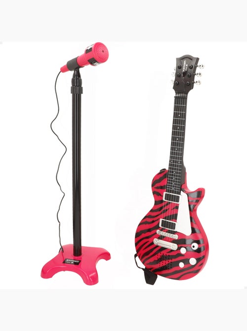 Guitarra elétrica de 56 cm rosa e preta com microfone de pedestal bontempi - Kiabi Guitarra elétrica de 56 cm rosa e preta com microfone de pedestal bontempi - Kiabi