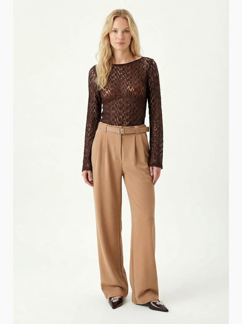 High waist textured wide leg trousers with buckle istanbul Bege claro - Kiabi
