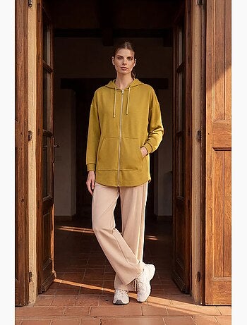 Hoodie túnica longo oversized com capuz e fecho tommy