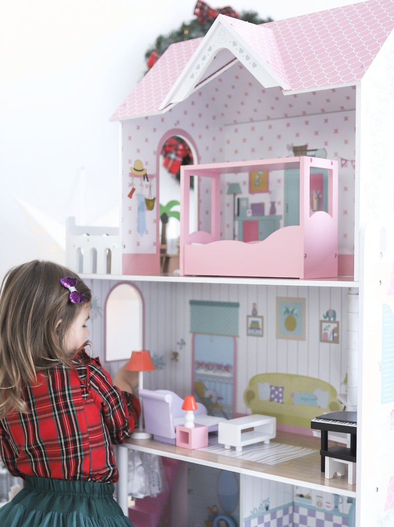 Houten poppenhuis mamabrum a379 met 3 verdiepingen, led-verlichting en meubels N/D - Kiabi