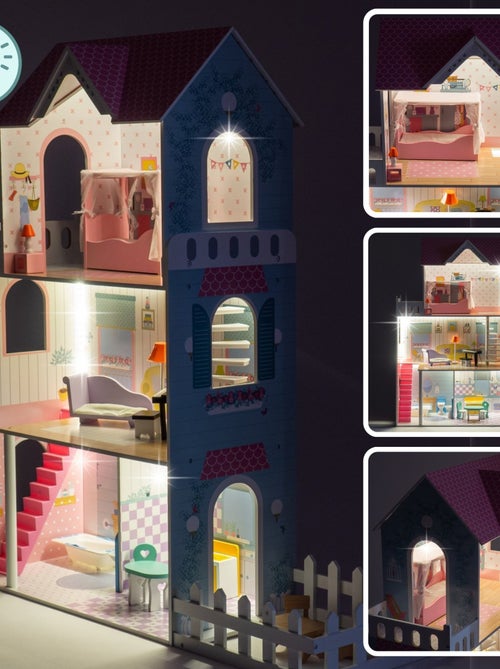 Houten poppenhuis mamabrum a379 met 3 verdiepingen, led-verlichting en meubels - Kiabi