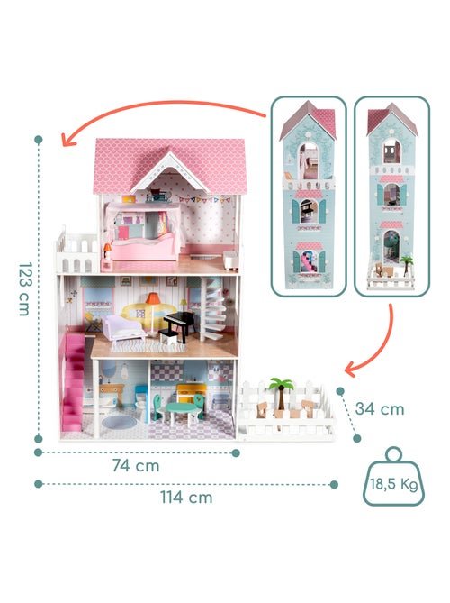 Houten poppenhuis mamabrum a379 met 3 verdiepingen, led-verlichting en meubels - Kiabi