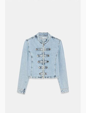 Jaqueta jeans cropped com gola mandarim dilvin