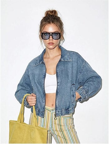 Jaqueta jeans cropped oversized feminina lucci