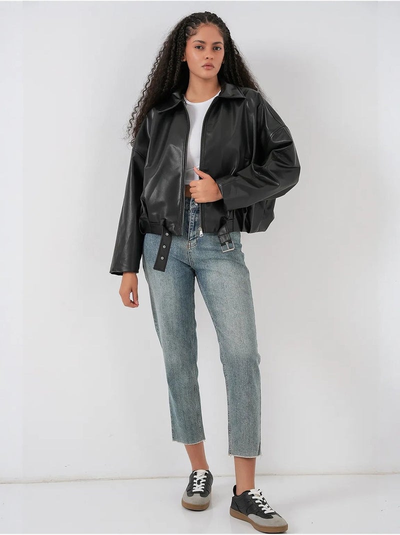 Jaqueta oversized de couro sintético com cinto bdart Preto - Kiabi
