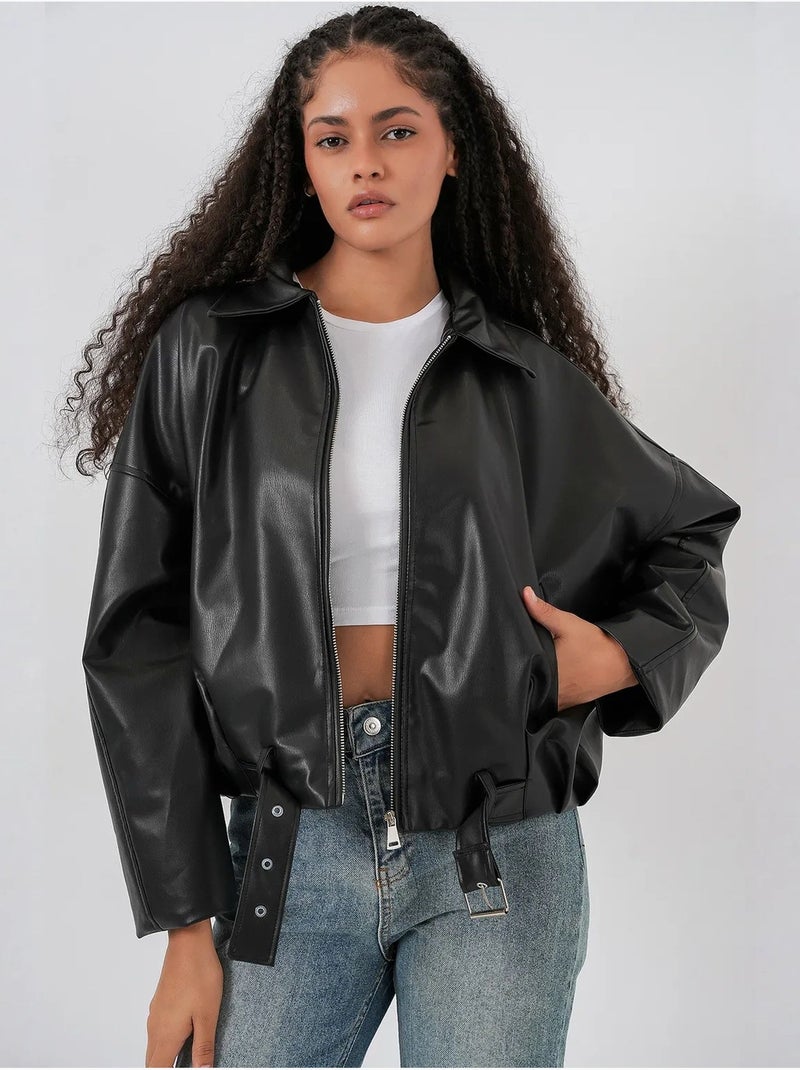 Jaqueta oversized de couro sintético com cinto bdart Preto - Kiabi