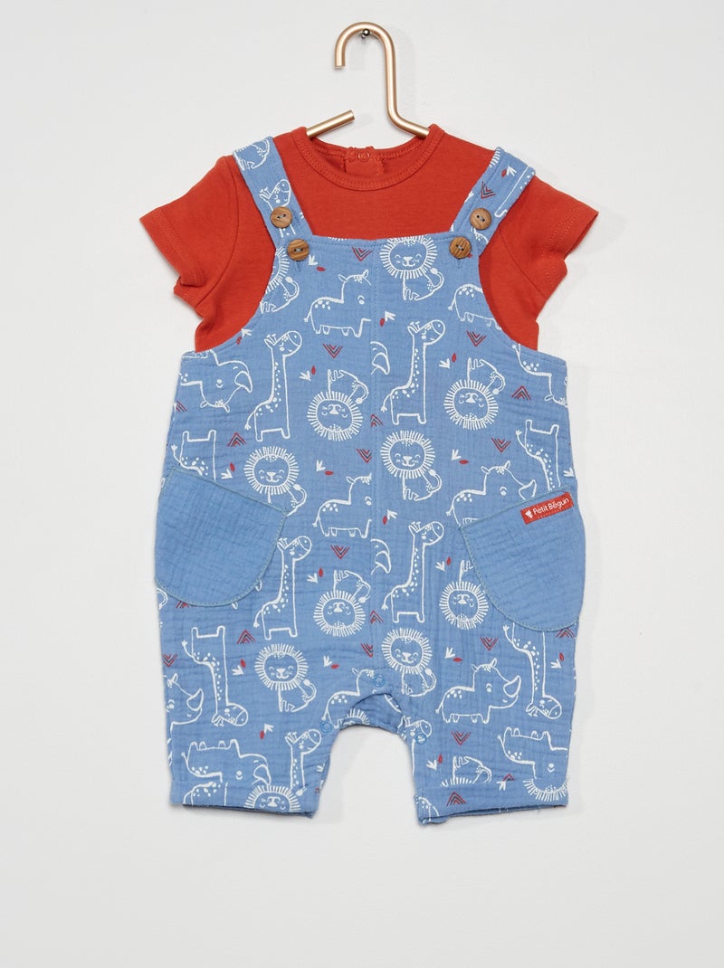 Jardineiras + t-shirt 'Petit Béguin' Vermelho/ Azul - Kiabi