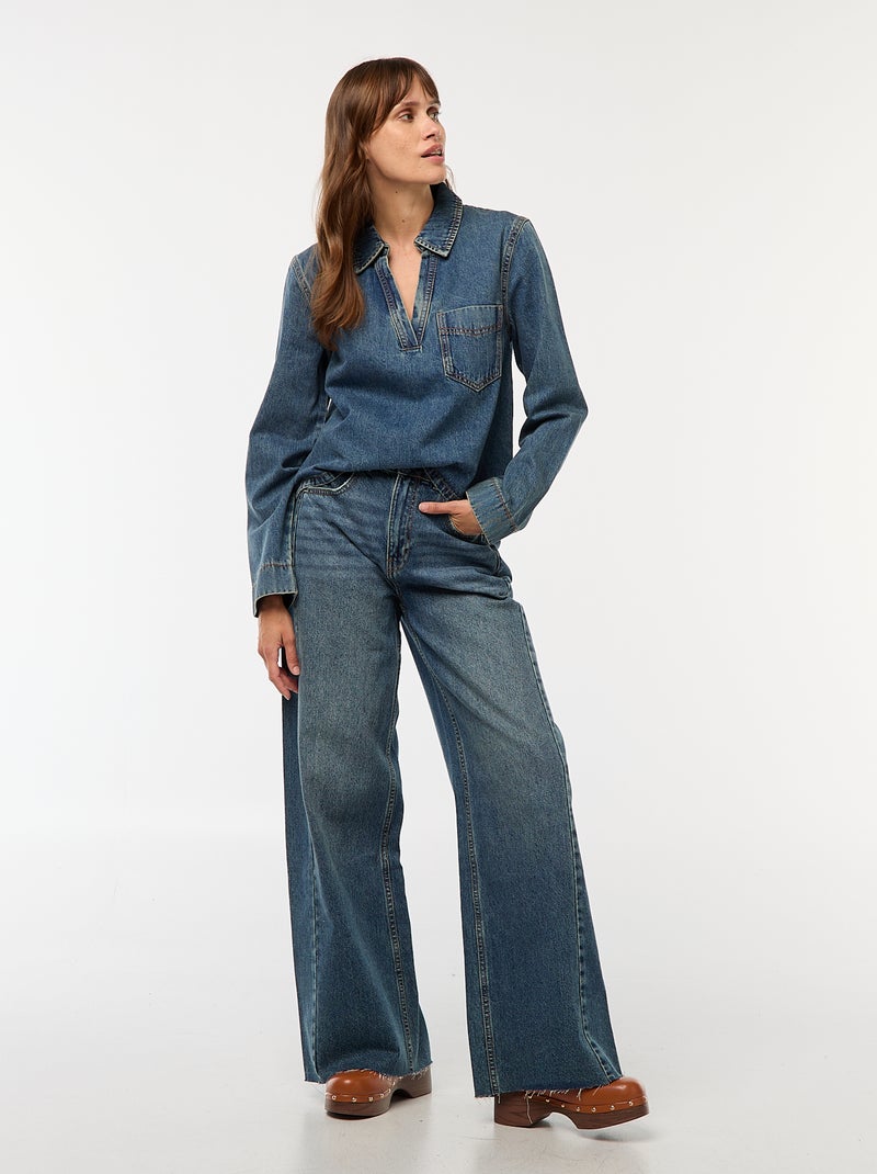 Jean wide leg com bainha desfiada Azul - Kiabi
