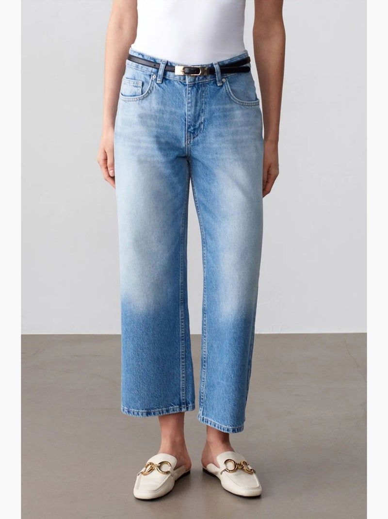 Jeans capri de cintura baixa e perna larga dilvin Azul-safira - Kiabi
