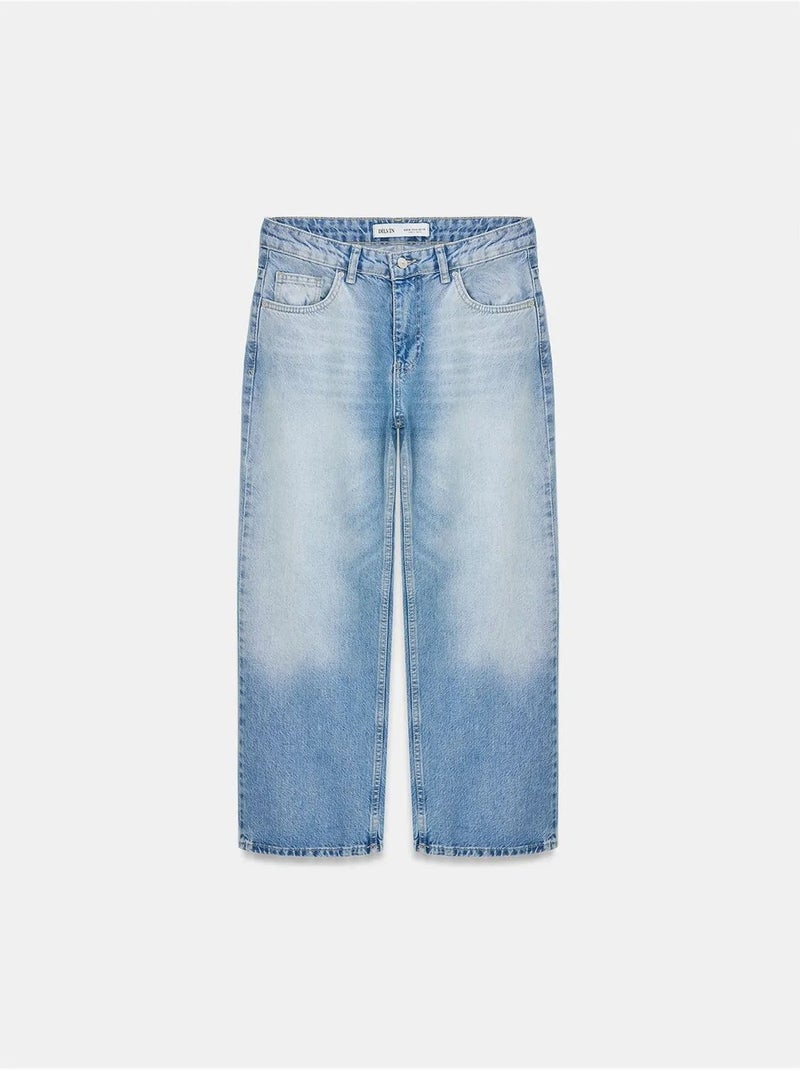 Jeans capri de cintura baixa e perna larga dilvin Azul-safira - Kiabi