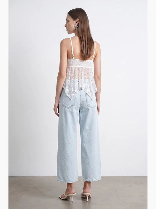 Jeans capri femininos de perna larga e cintura alta com detalhe em renda dilvin - Kiabi Jeans capri femininos de perna larga e cintura alta com detalhe em renda dilvin - Kiabi