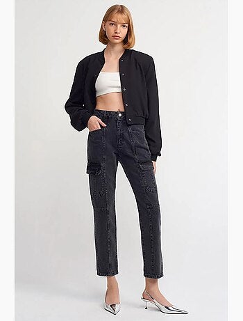 Jeans cargo de perna reta de cintura subida dilvin