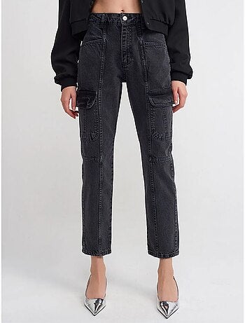 Jeans cargo de perna reta de cintura subida dilvin