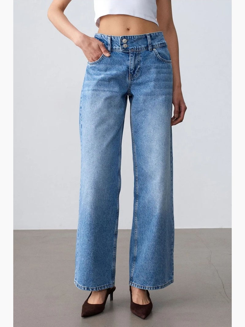 Jeans de algodão de cintura subida e perna larga dilvin Azul-safira - Kiabi