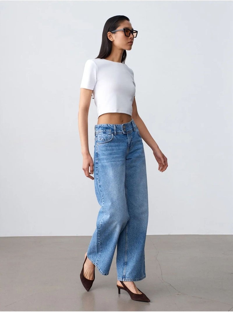 Jeans de algodão de cintura subida e perna larga dilvin Azul-safira - Kiabi