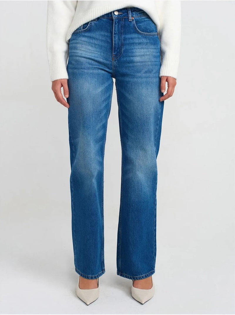 Jeans de algodão de cintura subida e perna reta dilvin Azul-safira - Kiabi