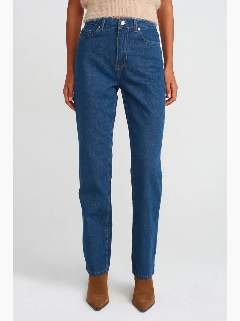 Jeans de algodão de cintura subida e perna reta dilvin Azul-safira - Kiabi