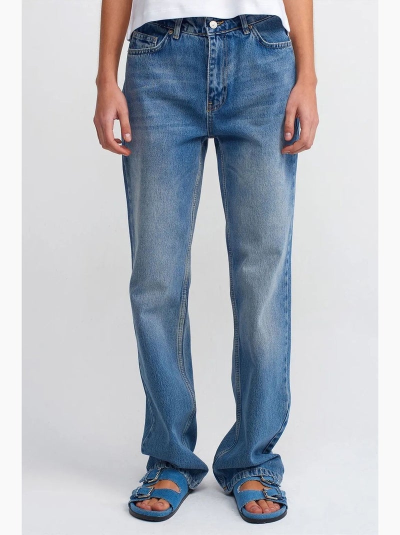 Jeans de algodão de cintura subida e perna reta dilvin Azul-safira - Kiabi