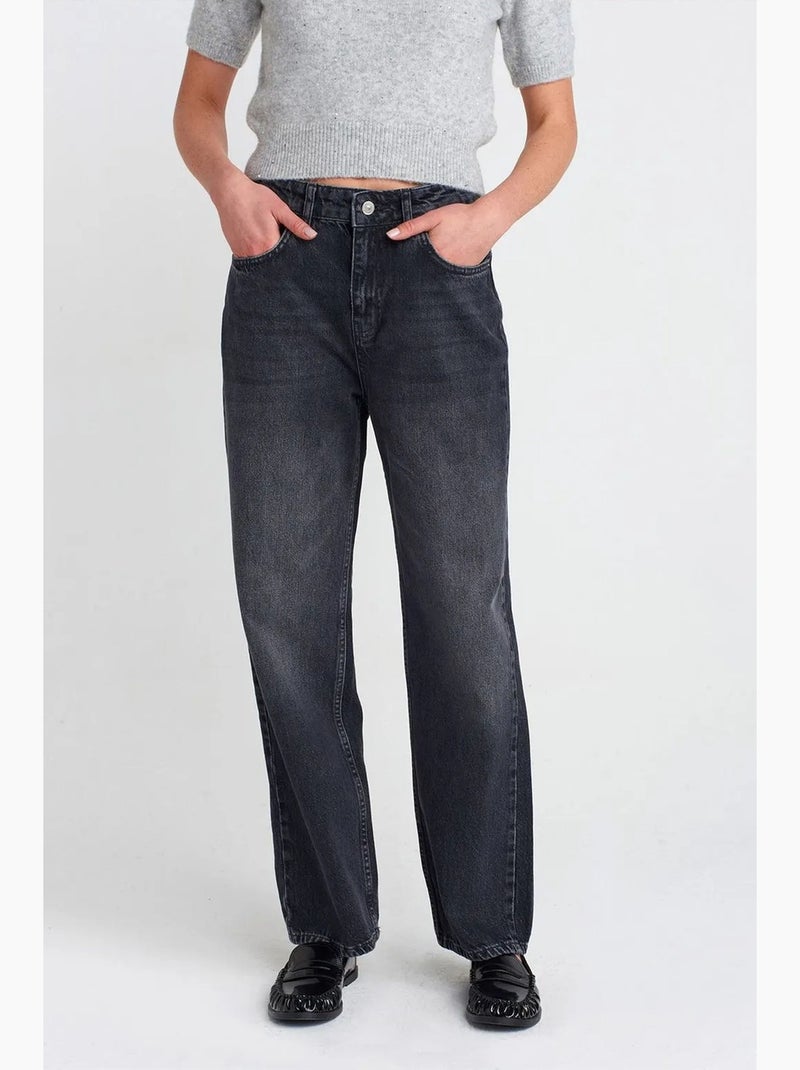 Jeans de algodão de cintura subida e perna reta dilvin Cinza escuro - Kiabi