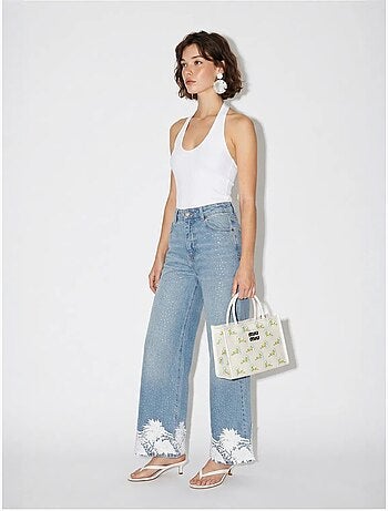 Jeans de cintura alta e perna larga bordados lucci