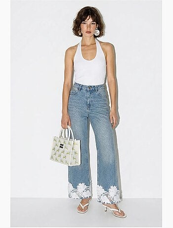 Jeans de cintura alta e perna larga bordados lucci