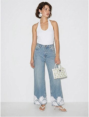 Jeans de cintura alta e perna larga bordados lucci