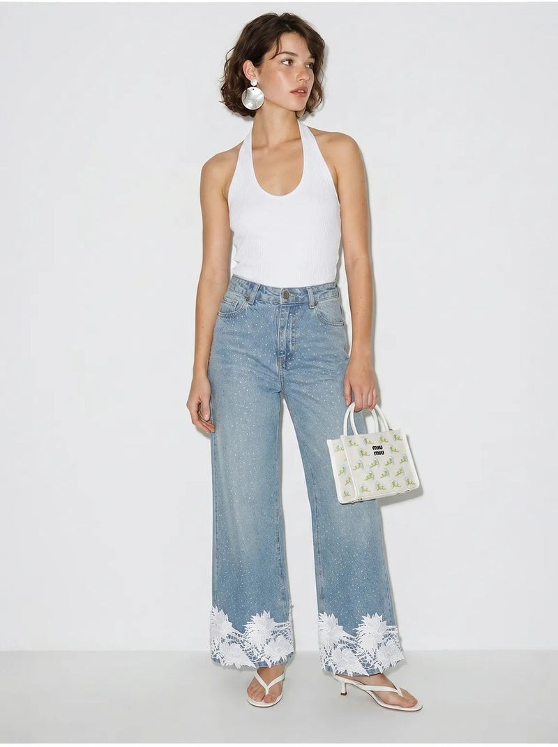 Jeans de cintura alta e perna larga bordados lucci Azul claro - Kiabi