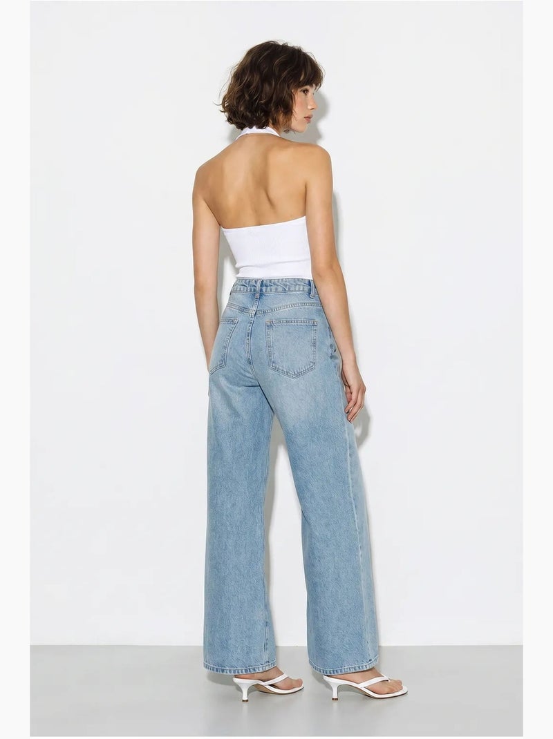 Jeans de cintura alta e perna larga bordados lucci Azul claro - Kiabi