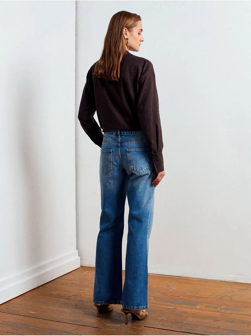 Jeans de cintura baixa com perna à boca de sino dilvin Azul-safira - Kiabi
