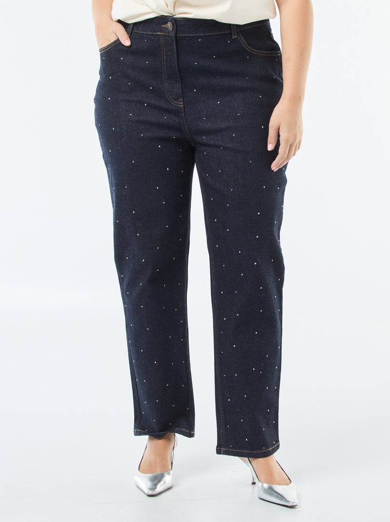 Jeans de cintura subida com strass Azul - Kiabi