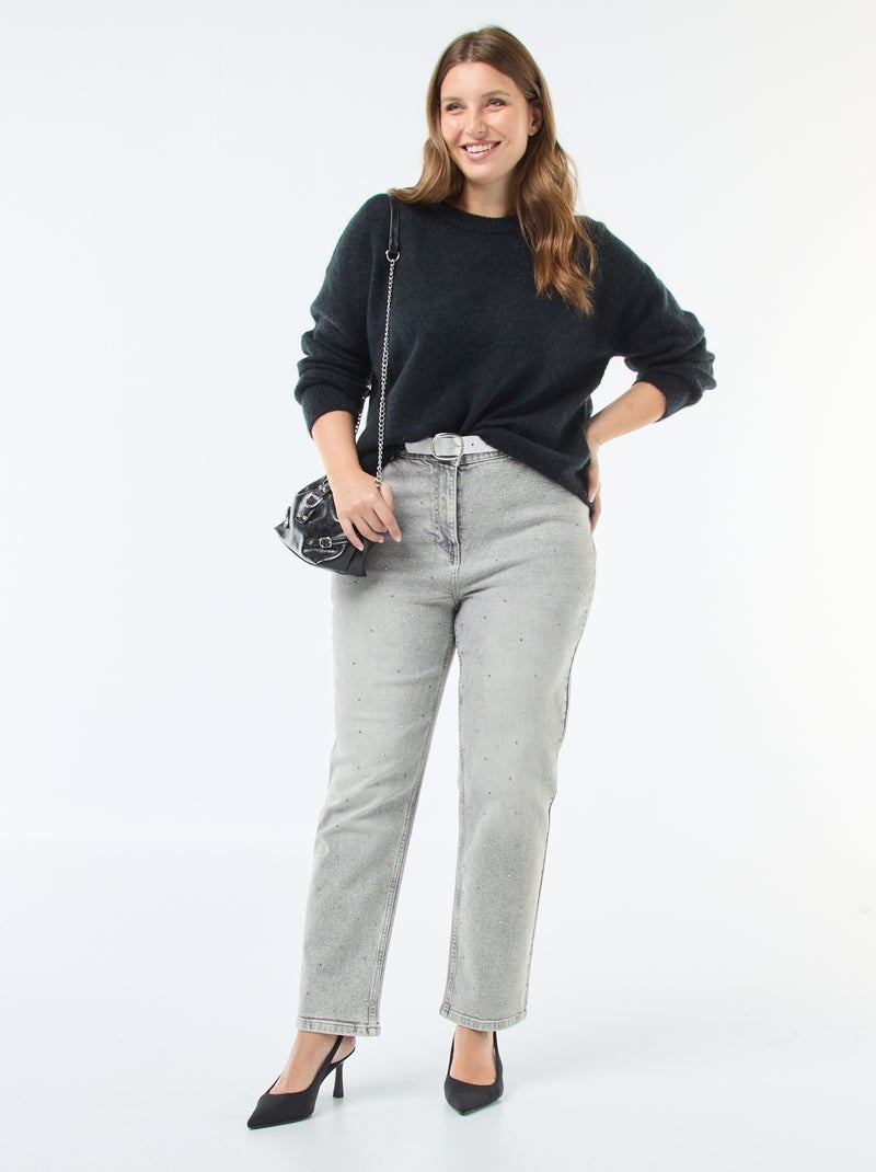 Jeans de cintura subida com strass Cinza - Kiabi