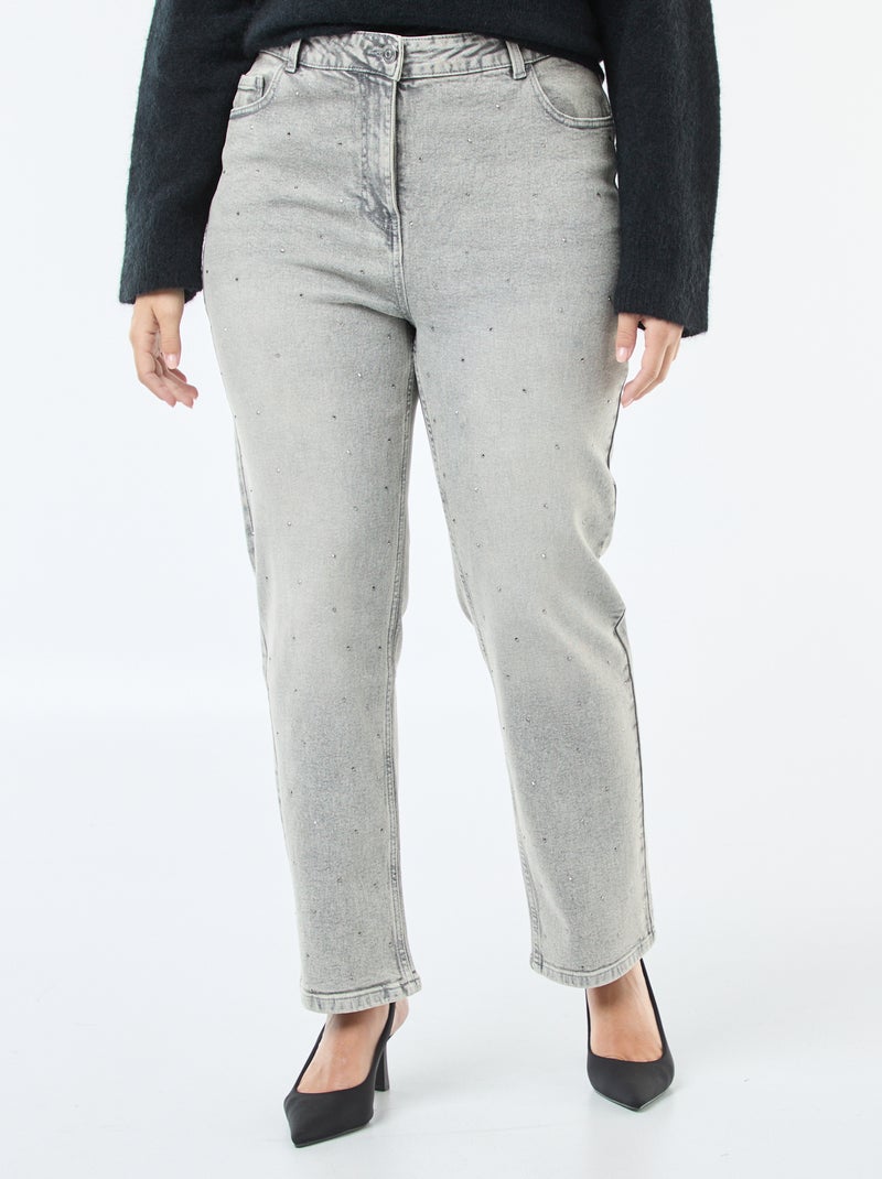 Jeans de cintura subida com strass Cinza - Kiabi