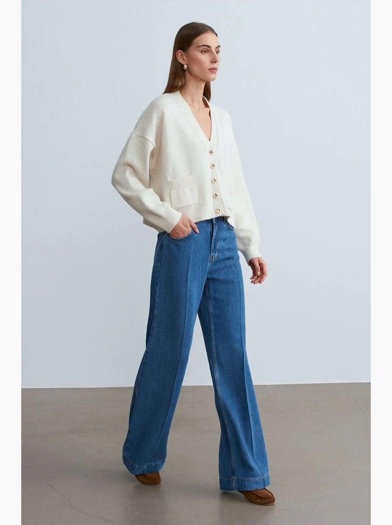 Jeans de cintura subida e perna larga em tencel dilvin Azul-safira - Kiabi