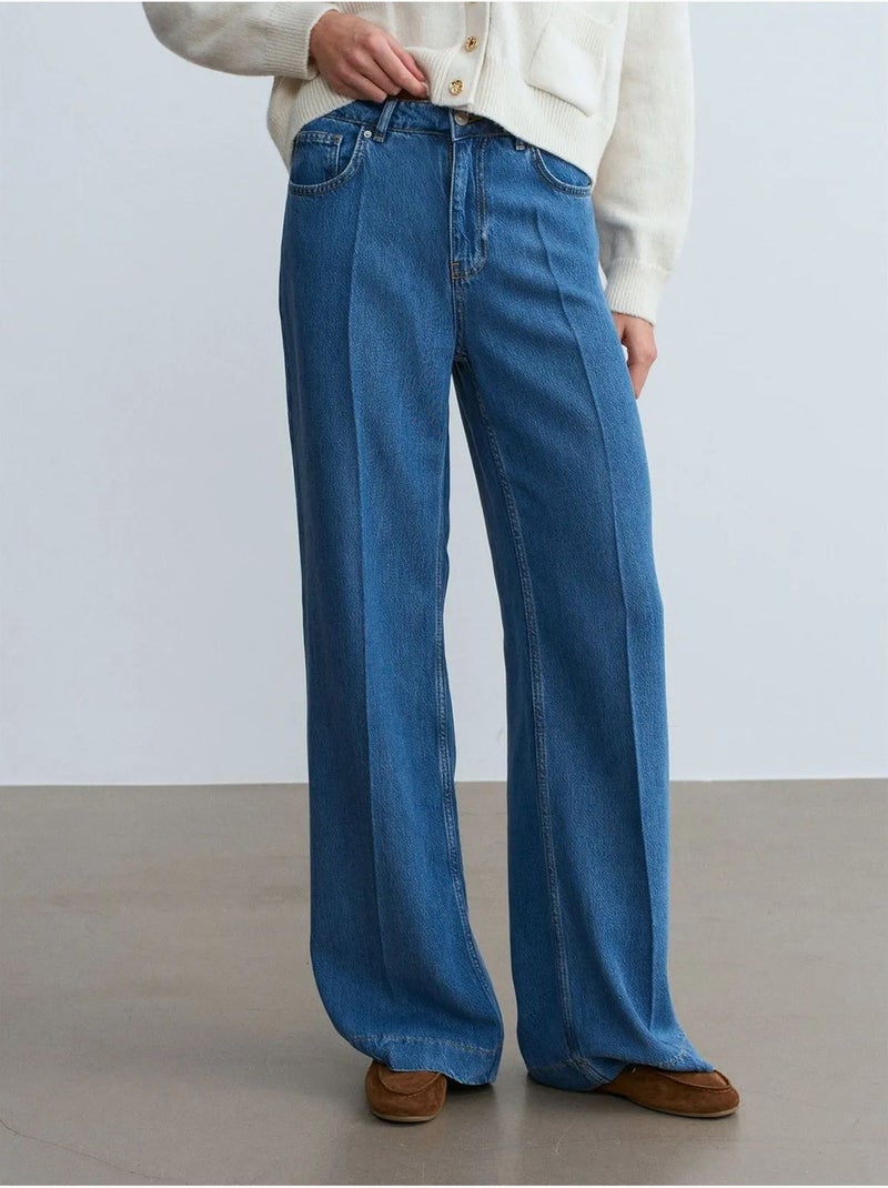 Jeans de cintura subida e perna larga em tencel dilvin Azul-safira - Kiabi