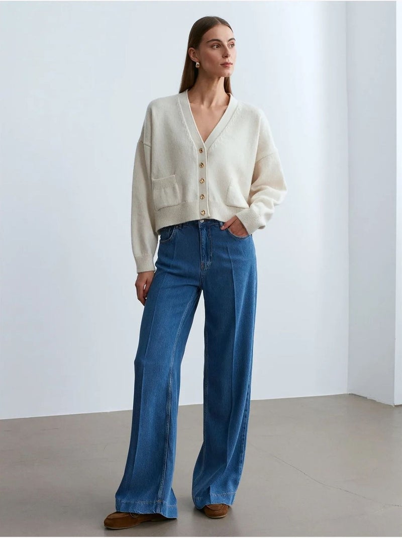 Jeans de cintura subida e perna larga em tencel dilvin Azul-safira - Kiabi