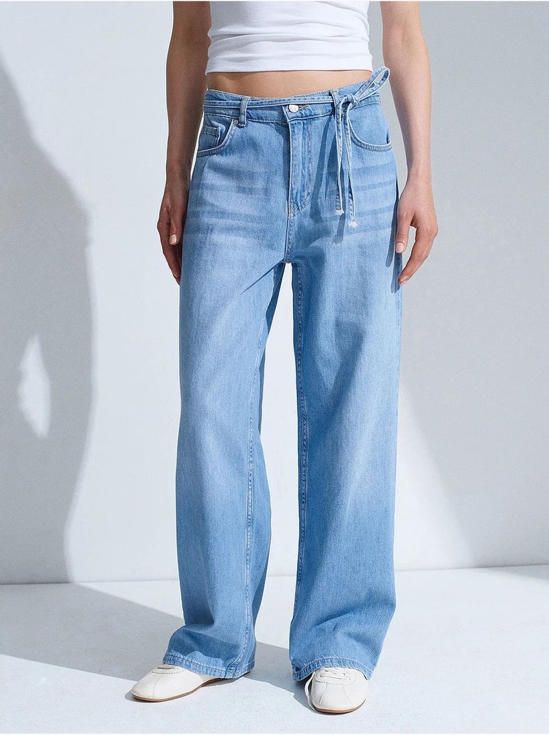 Jeans de denim de algodão de cintura alta e perna larga dilvin Azul-safira - Kiabi