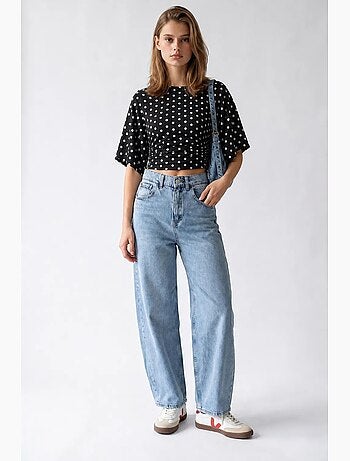 Jeans de denim de algodão de cintura alta e perna larga mixray