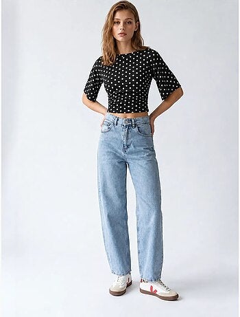 Jeans de denim de algodão de cintura alta e perna larga mixray