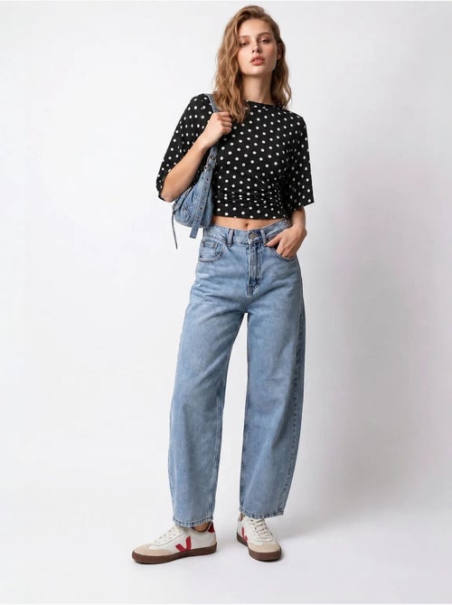 Jeans de denim de algodão de cintura alta e perna larga mixray - Kiabi Jeans de denim de algodão de cintura alta e perna larga mixray - Kiabi