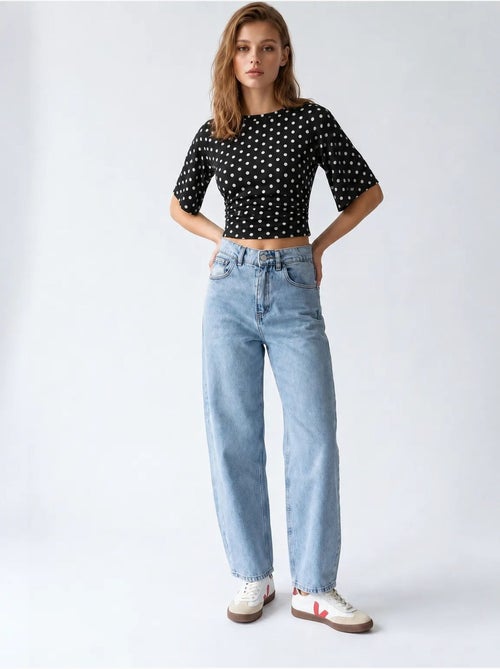 Jeans de denim de algodão de cintura alta e perna larga mixray - Kiabi Jeans de denim de algodão de cintura alta e perna larga mixray - Kiabi